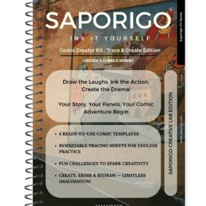 Saporigo Ink It Yourself Comic Creator Kit | Trace & Create Edition | Rewritable Transparent Tracing Comic Book | Draw, Trace, Erase & Recreate | Creative Kit for Kids & Artists