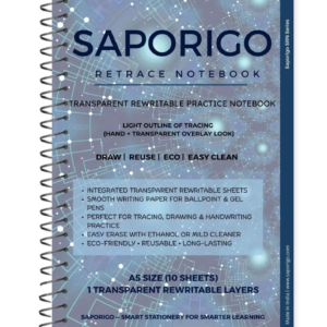 SAPORIGO ReTrace Notebook A5 | Transparent Rewritable Tracing Sheet + White Pages | Ideal for Drawing, Map Practice & Handwriting
