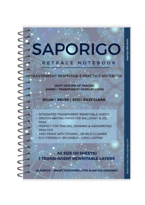 SAPORIGO ReTrace Notebook A5 | Transparent Rewritable Tracing Sheet + White Pages | Ideal for Drawing, Map Practice & Handwriting