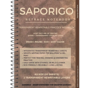 SAPORIGO ReTrace Notebook A5 | 2 Transparent Rewritable Tracing Sheets + 20 White Pages | Includes Marker & Cloth | Eco-Friendly Study Notebook