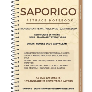 SAPORIGO ReTrace Notebook A5 | 1 Transparent Rewritable Tracing Sheet with 20 White Pages | Ideal for Drawing, Maps & Handwriting