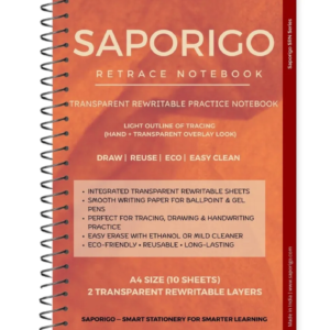 SAPORIGO ReTrace Notebook A4 | 2 Transparent Rewritable Sheets with 10 White Pages | Practice Book for Maps, Diagrams & Drawing