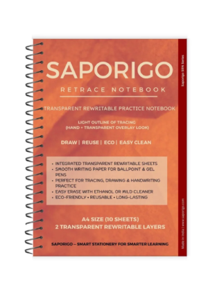 SAPORIGO ReTrace Notebook A4 | 2 Transparent Rewritable Sheets with 10 White Pages | Practice Book for Maps, Diagrams & Drawing
