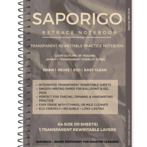 SAPORIGO ReTrace Notebook A4 | 1 Transparent Rewritable Overlay Sheet + 10 White Pages | Drawing, Tracing & Map Practice