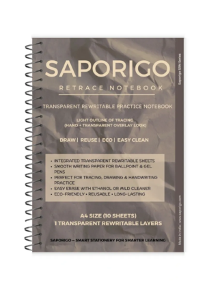SAPORIGO ReTrace Notebook A4 | 1 Transparent Rewritable Overlay Sheet + 10 White Pages | Drawing, Tracing & Map Practice