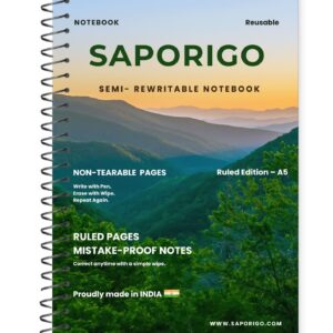 SAPORIGO Semi-Rewritable Notebook A5 Ruled | Reusable Daily Writing Notebook | Write with Ball Pen & Clean with Sanitizer | Matte Coated Pages | Eco-Friendly Study & Work Notebook
