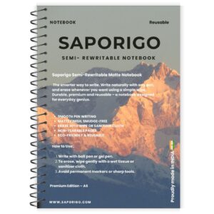 SAPORIGO Semi-Rewritable Pocket Notebook A6 (Blank Sheets) | Reusable Coated Pages | Write with Ball Pen, Erase with Sanitizer